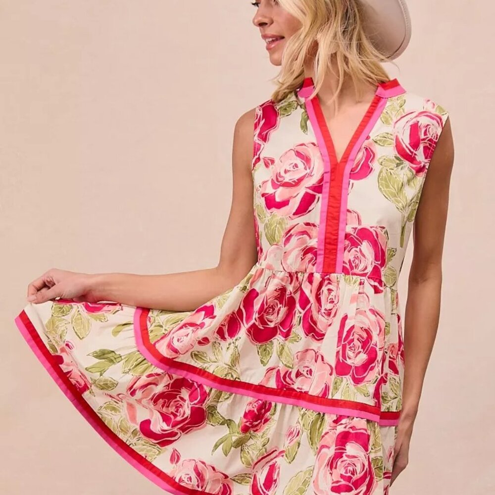 BiBi Floral Woven Contrast Edge Tiered‎ Ruffle Mini Dress